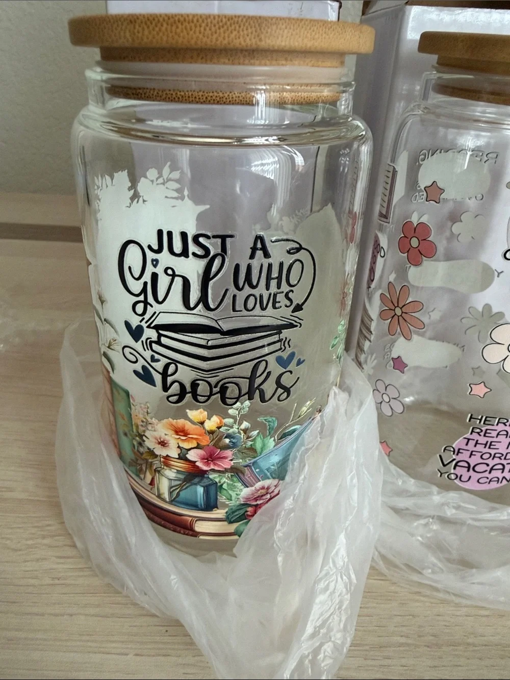 Glass Reading-Themed Storage Jar with Bamboo Lid - Pink Accents set of 2